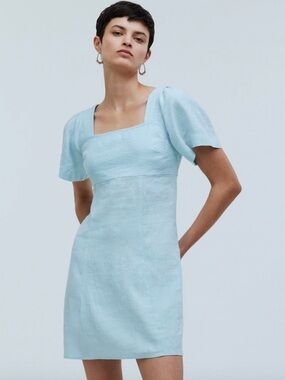 Madewell Square-Neck Mini Dress in 100% Linen Blue Heron
